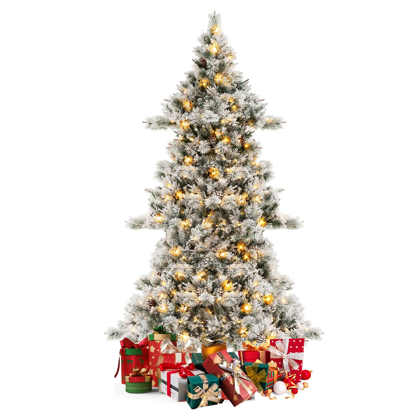 Topbuy 7 FT Pre-lit Artificial Christmas Tree, Snow-flocked Xmas Tree with Tiered Structure, 420 Warm White LED Lights