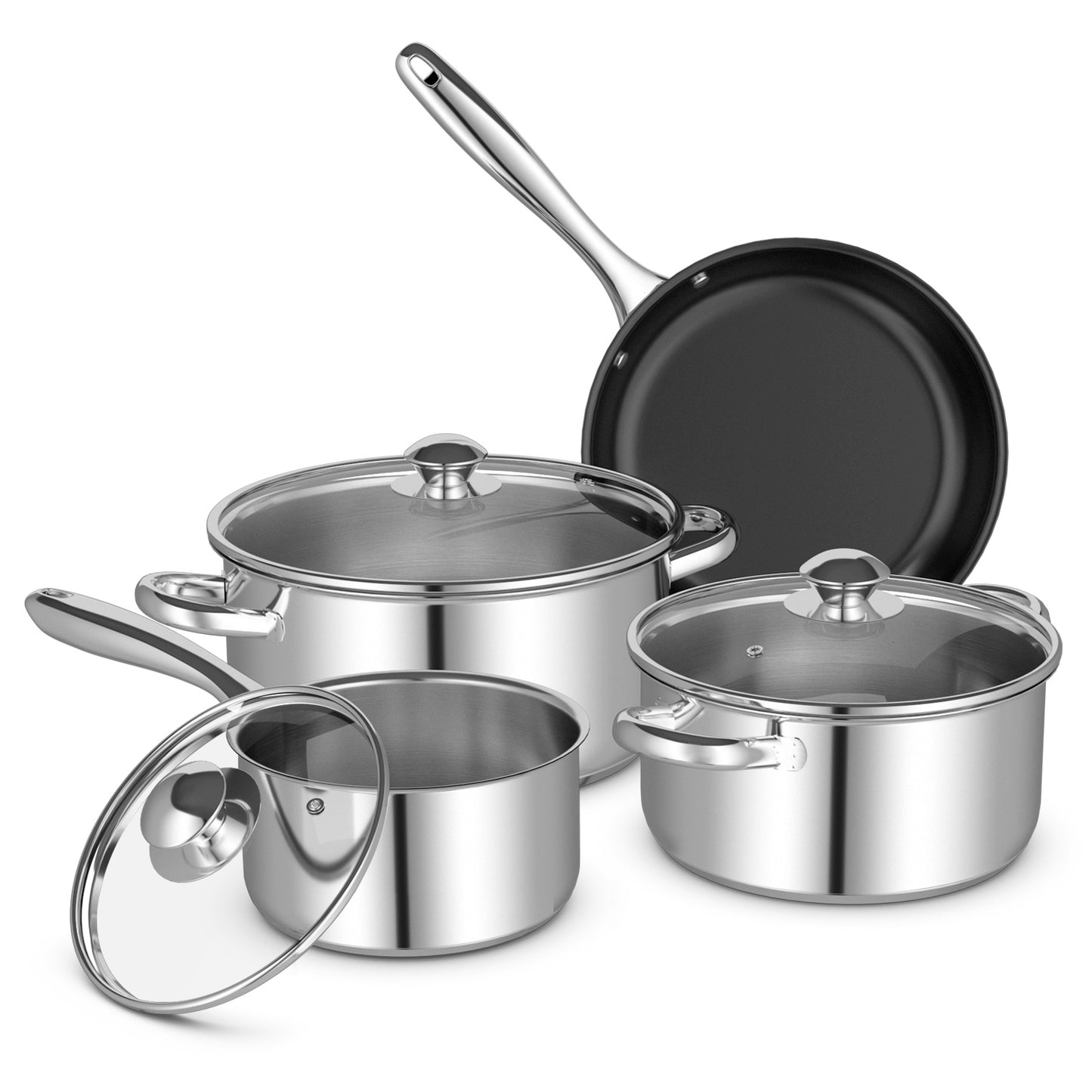 Topbuy Stainless Steel Cookware Set, 7-Piece Pots and Pans Set with Stock Pot, Sauce Pan, Non-stick Fry Pan, Tempered Glass Lid with Steam Vent, Oven-Safe 3 Ply Cookware Set for Kitchen, Silver