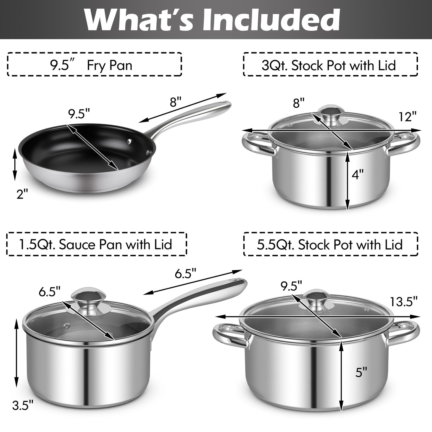 Topbuy Stainless Steel Cookware Set, 7-Piece Pots and Pans Set with Stock Pot, Sauce Pan, Non-stick Fry Pan, Tempered Glass Lid with Steam Vent, Oven-Safe 3 Ply Cookware Set for Kitchen, Silver