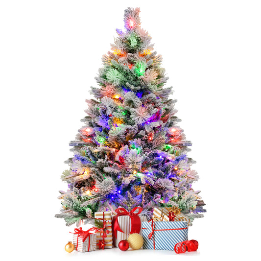 Topbuy 4.5/6/7 FT Pre-lit Artificial Christmas Tree, Snow-flocked Xmas Tree with 8 Lighting Modes