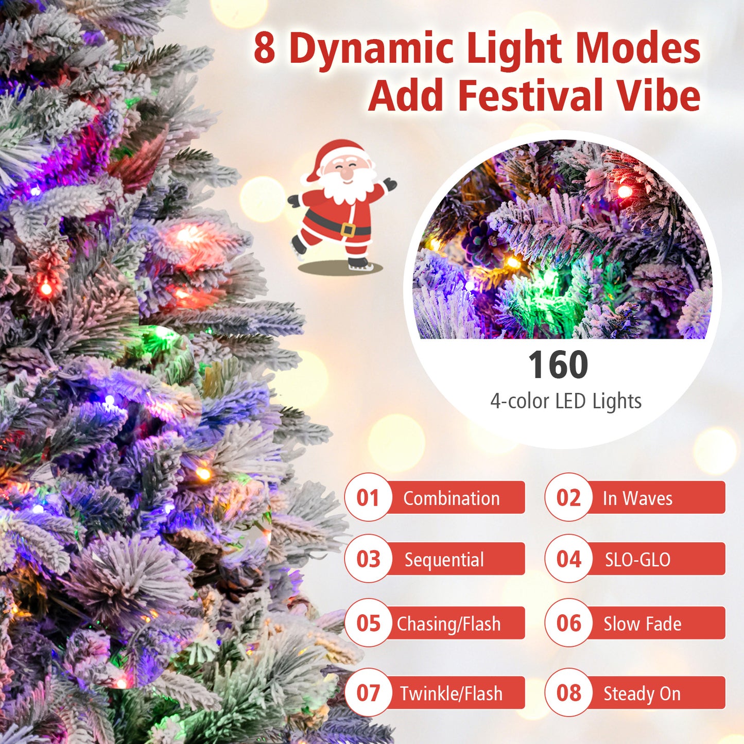 Topbuy 4.5/6/7 FT Pre-lit Artificial Christmas Tree, Snow-flocked Xmas Tree with 8 Lighting Modes