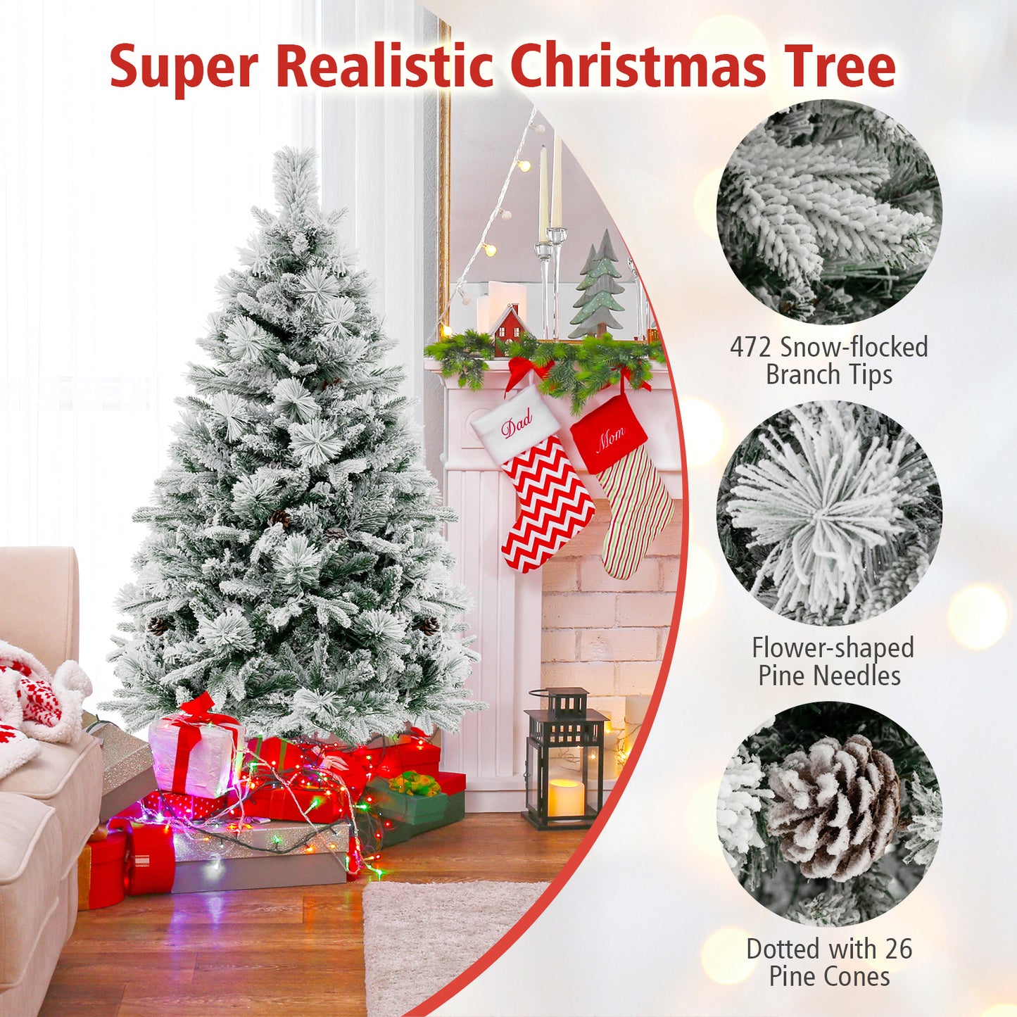 Topbuy 4.5/6/7 FT Pre-lit Artificial Christmas Tree, Snow-flocked Xmas Tree with 8 Lighting Modes