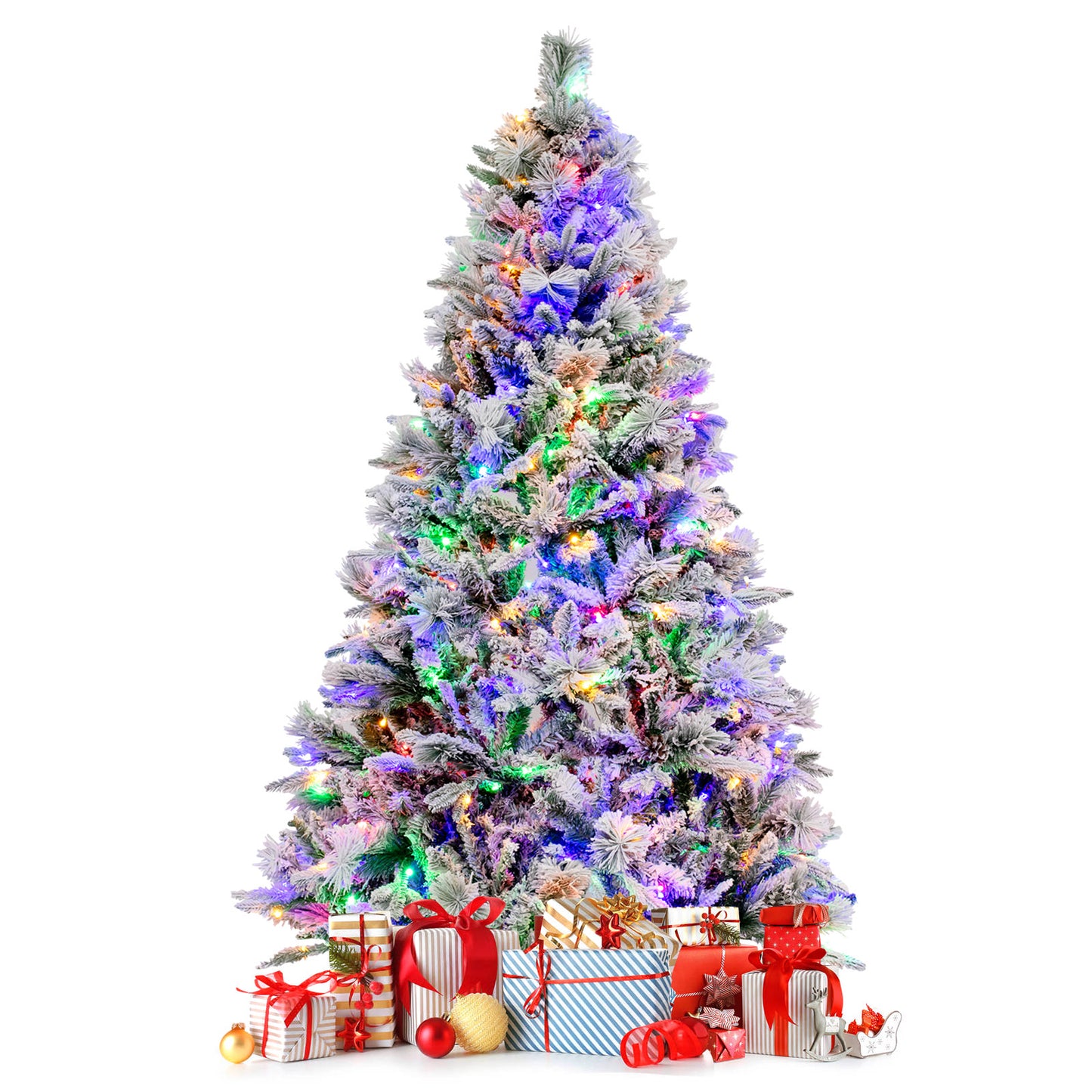 Topbuy 4.5/6/7 FT Pre-lit Artificial Christmas Tree, Snow-flocked Xmas Tree with 8 Lighting Modes