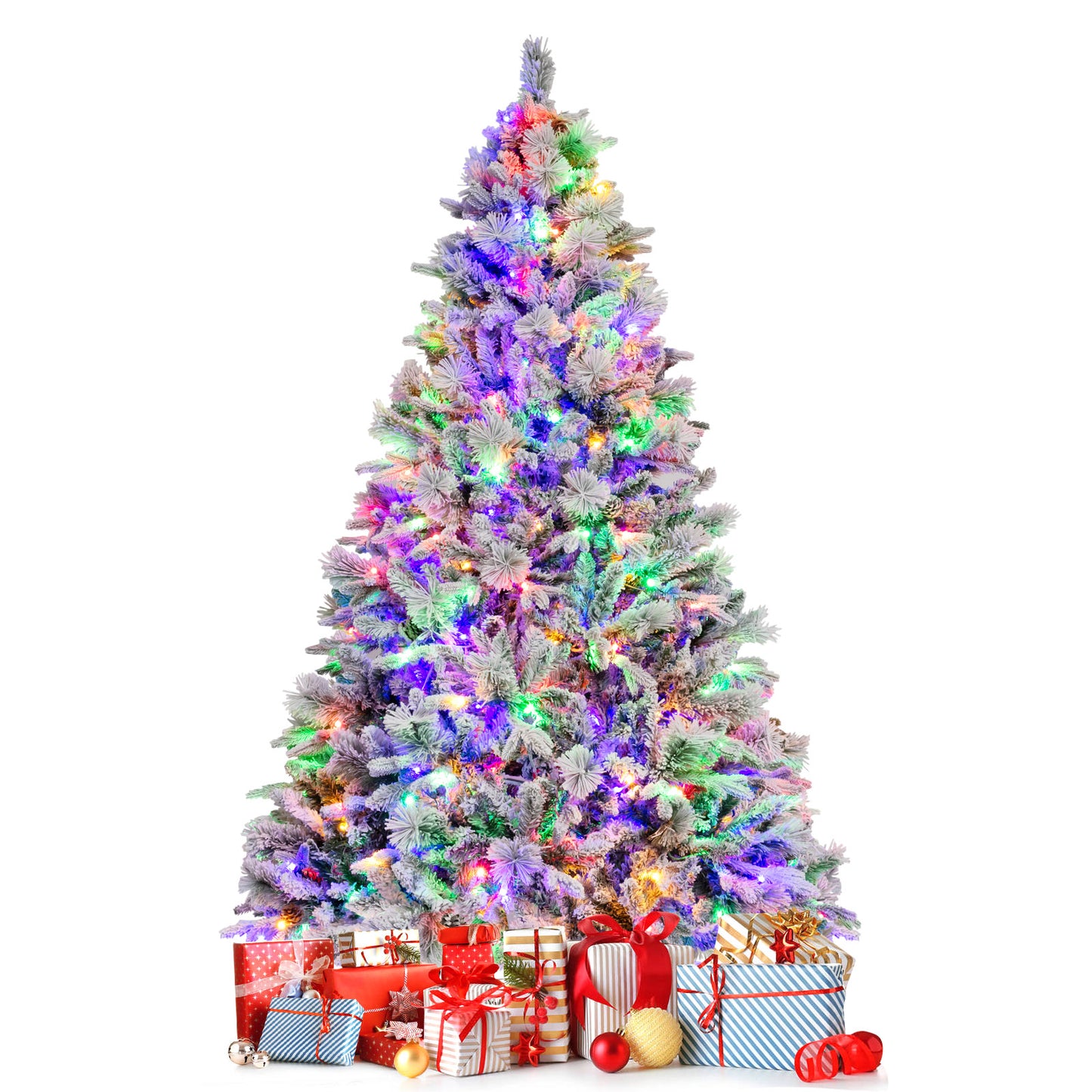 Topbuy 4.5/6/7 FT Pre-lit Artificial Christmas Tree, Snow-flocked Xmas Tree with 8 Lighting Modes