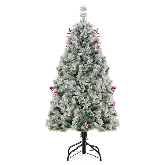 Topbuy 4.5 FT Pre-lit Artificial Xmas Tree, Snow-flocked Xmas Tree with 251 Branch Tips, 200 LED Lights