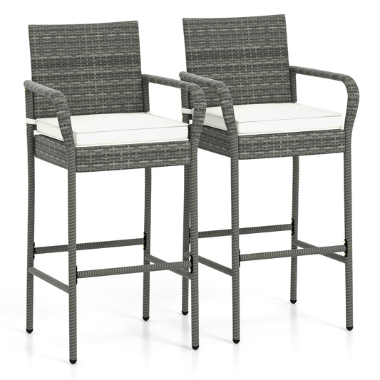 Topbuy Outdoor Bar Stools Set of 2/4 All Weather PE Rattan Bar Chairs w/ Armrests & Seat Cushions Patio PE Wicker Barstools