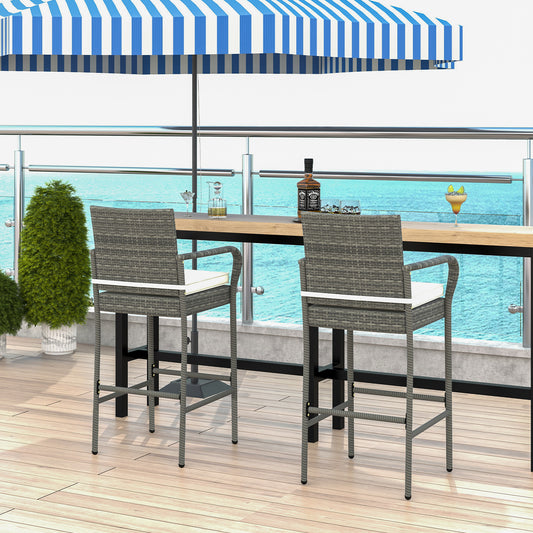 Topbuy Outdoor Bar Stools Set of 2/4 All Weather PE Rattan Bar Chairs w/ Armrests & Seat Cushions Patio PE Wicker Barstools