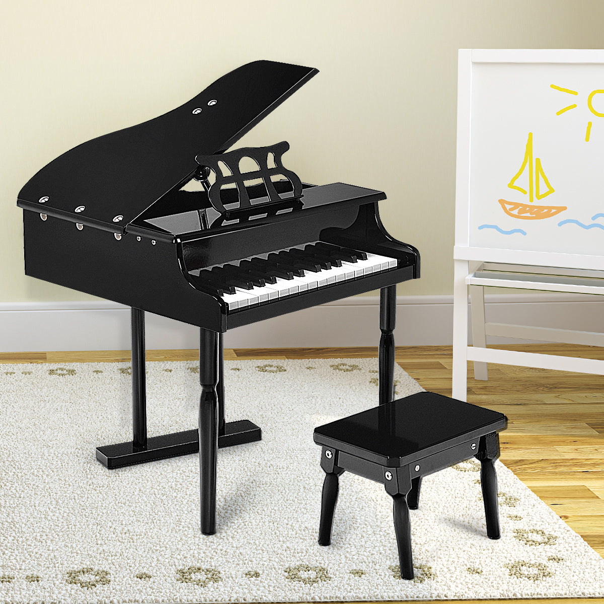 Topbuy 20'' Classical Kids Piano 30 Keys Wood Toy Mini Grand Piano with Bench Black/Pink