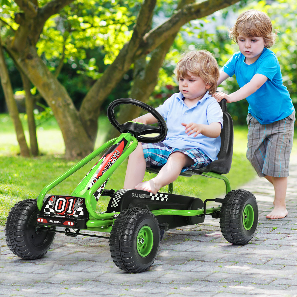 Topbuy 4-Wheel Kids Pedal Powered Ride on Go Kart with Adjustable Seat & Handbrake Blue/Green/Red