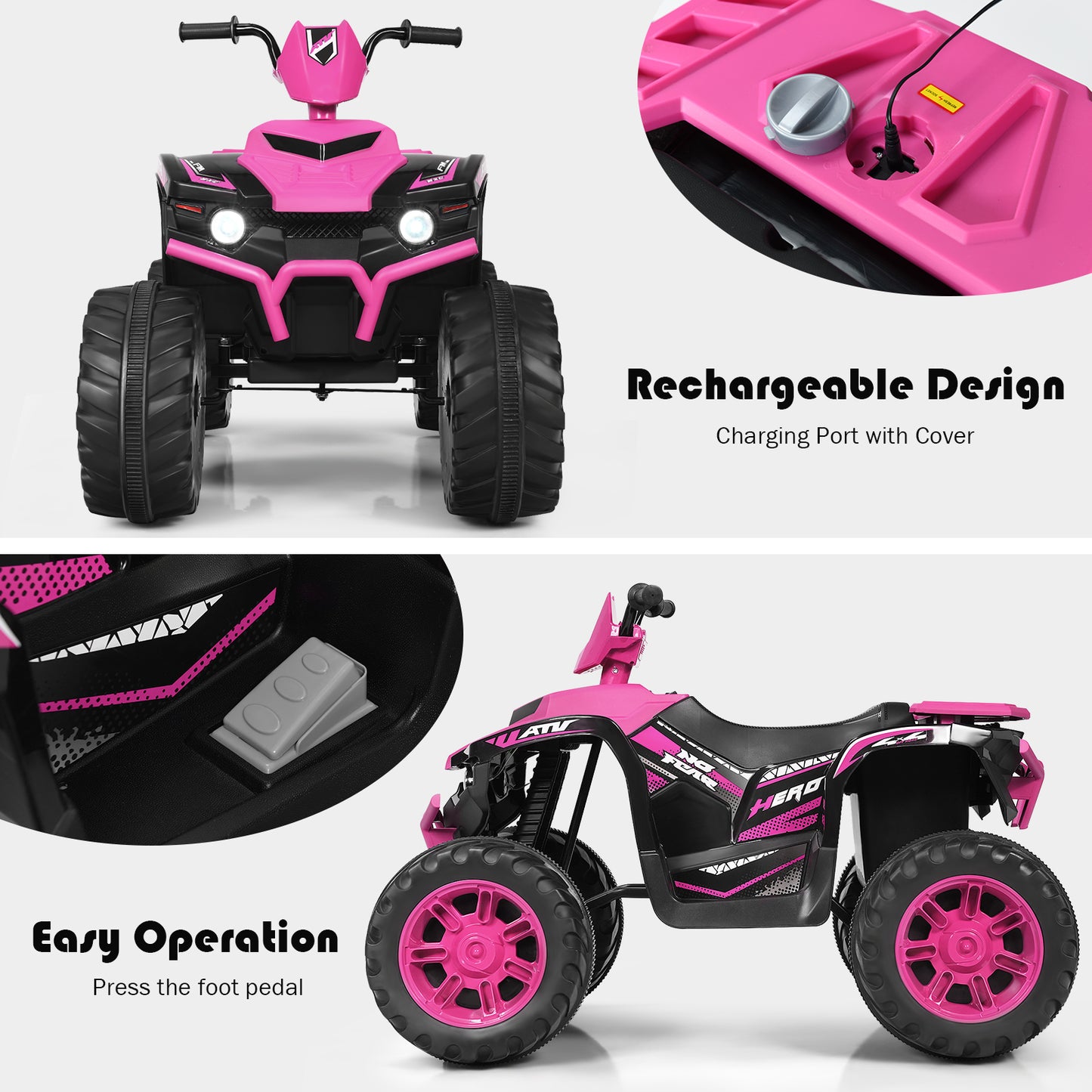 Topbuy 12V Electric Kids Quad ATV Ride on Car with LED Lights& Black/Navy/Red/White/Purple/Orange/Yellow/Pink