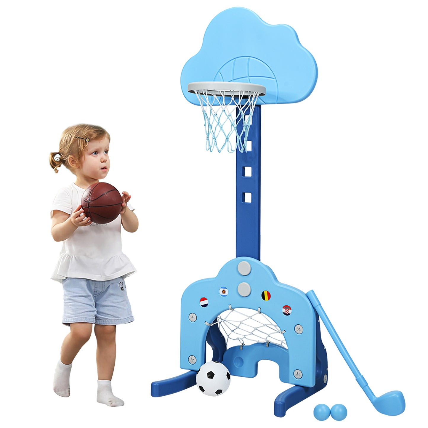 Topbuy 3-in-1 Basketball Hoop Set Stand Toddler Basketball Hoop Game Set Green/Blue/White