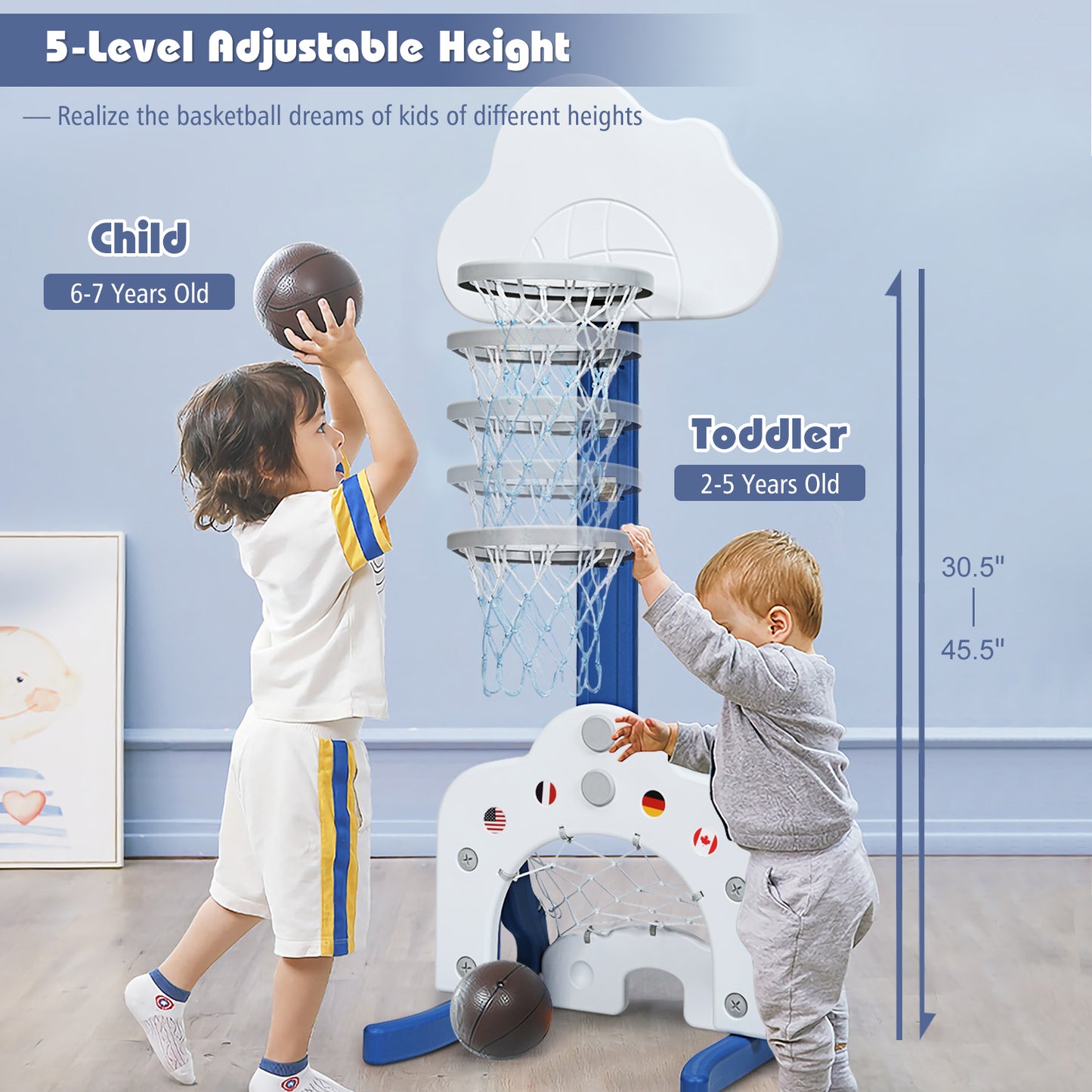 Topbuy 3-in-1 Basketball Hoop Set Stand Toddler Basketball Hoop Game Set Green/Blue/White