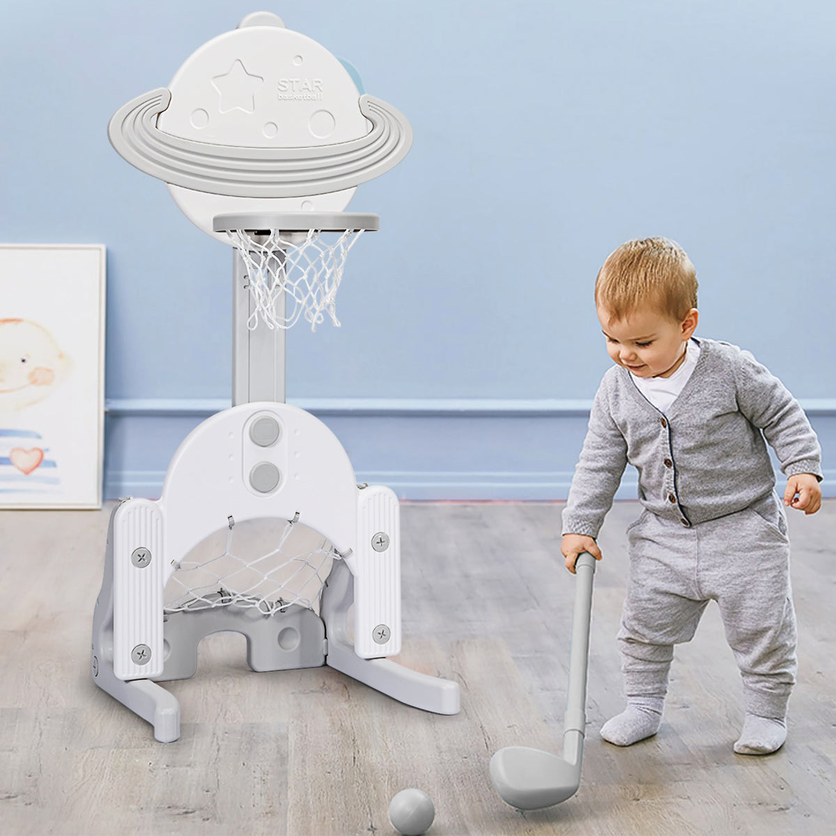 Topbuy 3-in-1 Basketball Hoop Set Stand Toddler Basketball Hoop Game Set Blue/White