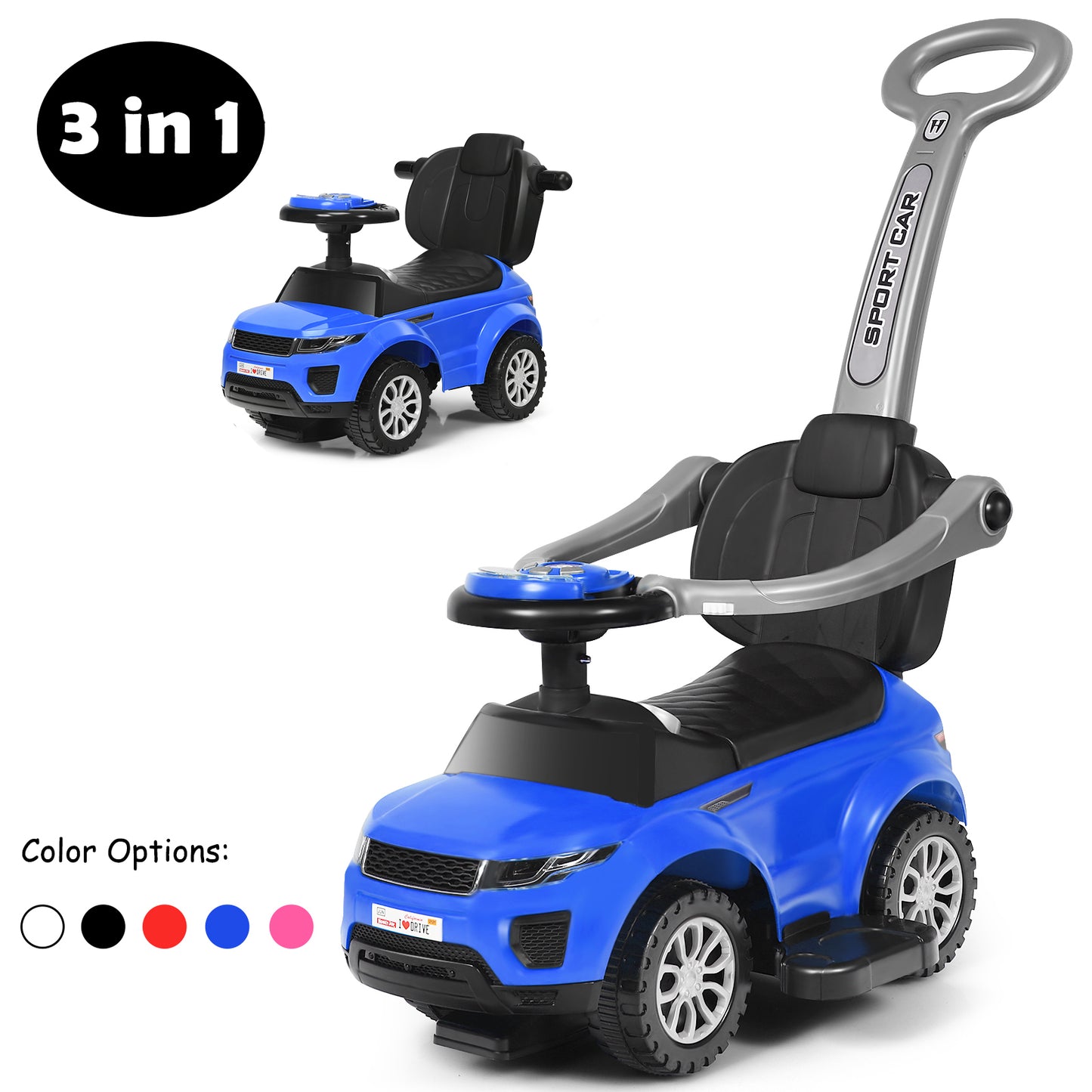 Topbuy 3 in 1 Kids Ride on Push Car Stroller Sliding Walking Car with Horn&Music&Light Black/Blue/Pink/Red/White