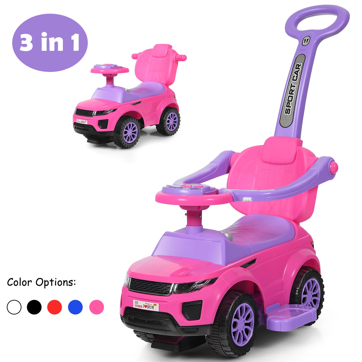 Topbuy 3 in 1 Kids Ride on Push Car Stroller Sliding Walking Car with Horn&Music&Light Black/Blue/Pink/Red/White