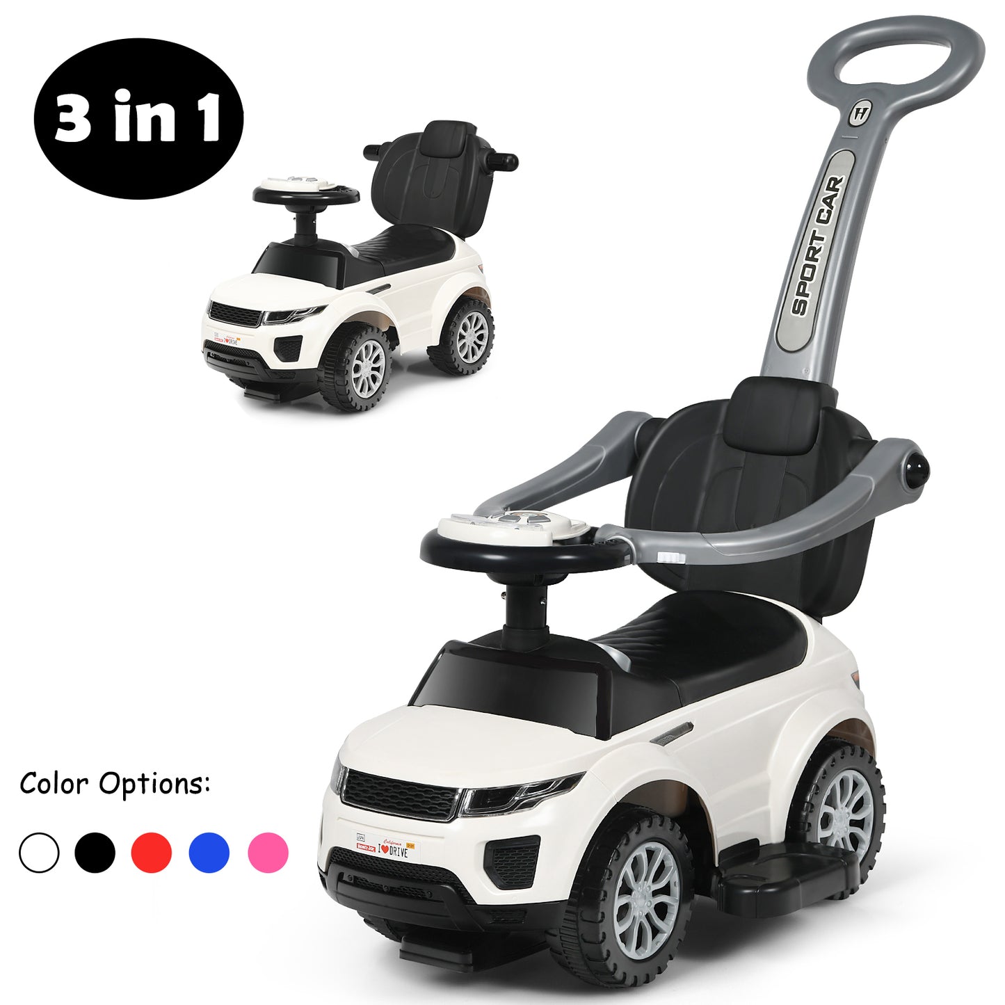 Topbuy 3 in 1 Kids Ride on Push Car Stroller Sliding Walking Car with Horn&Music&Light Black/Blue/Pink/Red/White