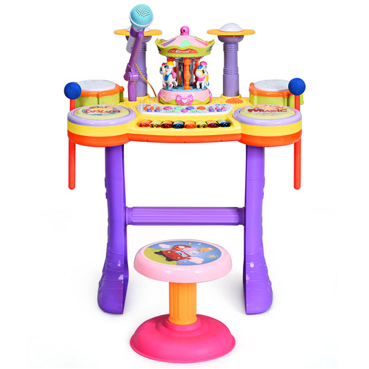 Topbuy 3-in-1 Kid Electric Musical Piano Keyboard Drum Toy Set w/ Music &Stool