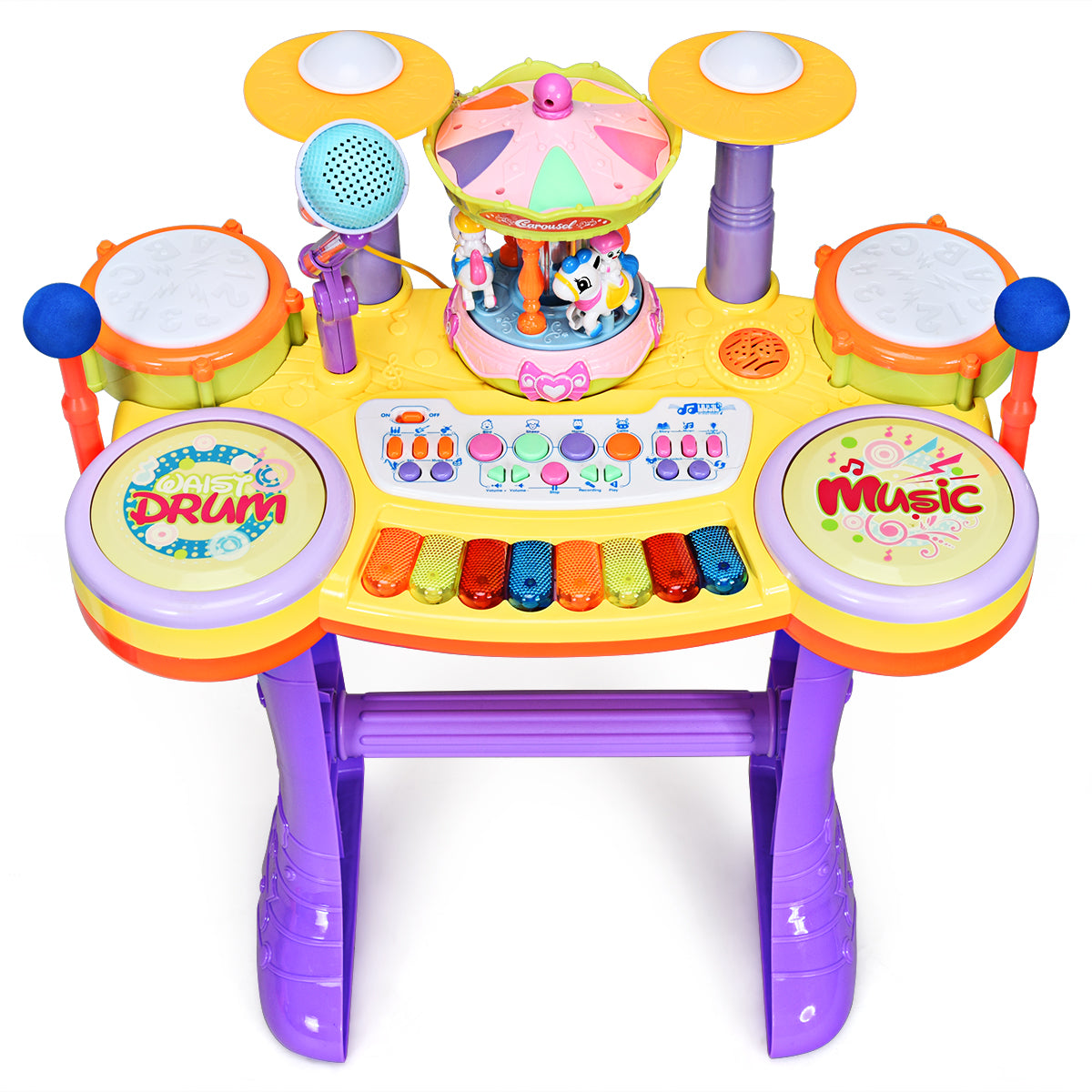 Topbuy 3-in-1 Kid Electric Musical Piano Keyboard Drum Toy Set w/ Music &Stool