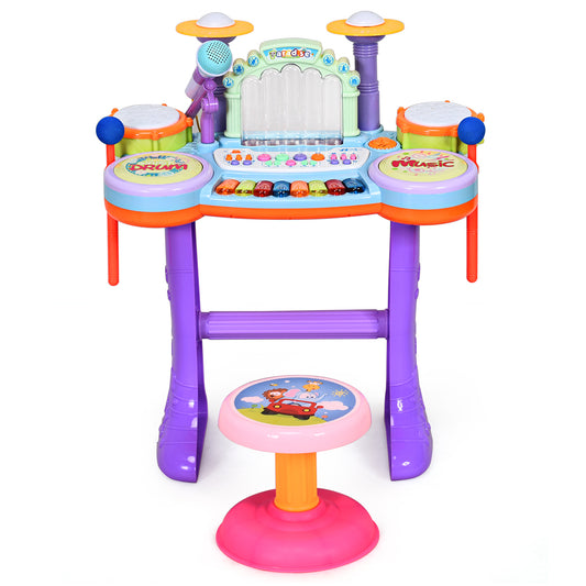 Topbuy 3in1 Kid Electric Musical Keyboard Piano and Drum Toy Set with Music Box&Stool