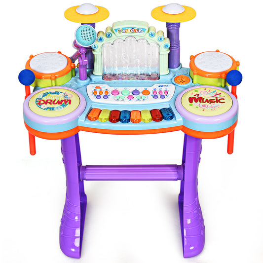 Topbuy 3in1 Kid Electric Musical Keyboard Piano and Drum Toy Set with Music Box&Stool