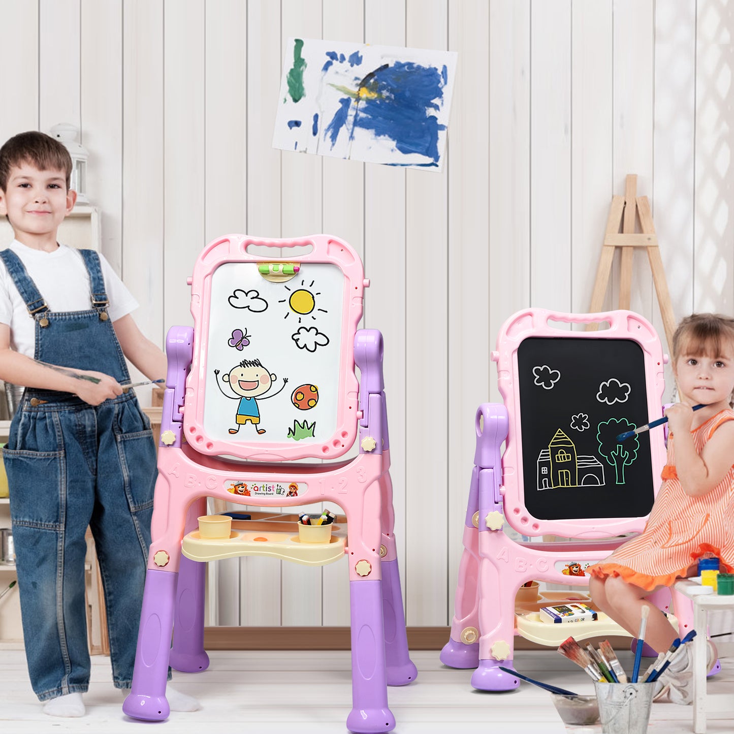 Topbuy Kids Art Easel Freestanding Art Drawing Board Portable Magnetic Drawing Set Blue/Pink